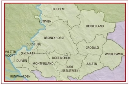 Kaart met onder andere de gemeenten van de Achterhoek en Liemers